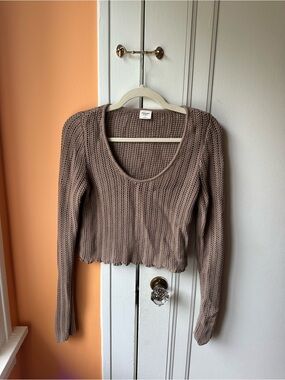 Abercrombie & Fitch Taupe Cropped Crochet Scoop Neck Sweater